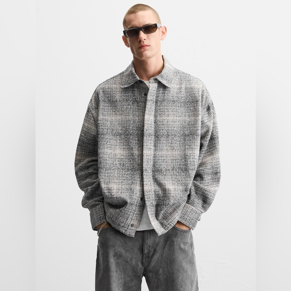 ZARA Men’s Oversized Plaid Shirt Jacket, Faded Effect NWT S